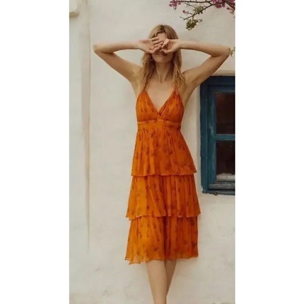 Anthropologie Guapa Pamela Orange Floral Midi Halter Dress Sz. 8